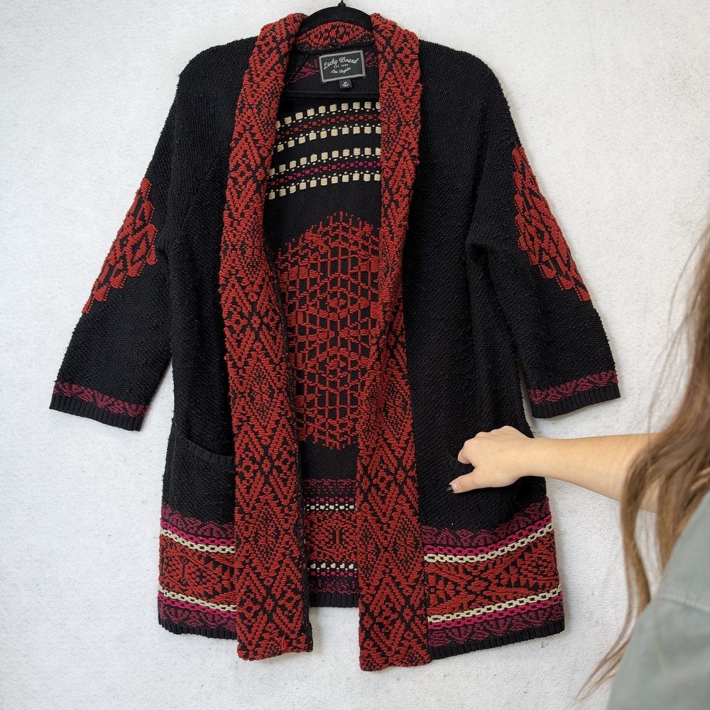 Lucky Brand Cardigan Sweater Womens Medium Black Red Boho Open Knit Pockets - Picture 7 of 12